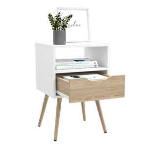 Mesa de Noche Alesio, Blanco y Beige, con patas de madera y un cajón