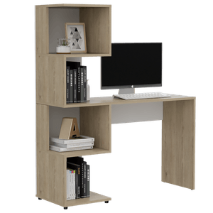 Escritorio Mexico, Beige y Blanco, con tres entrepaños para ubicar libros y elementos decorativos