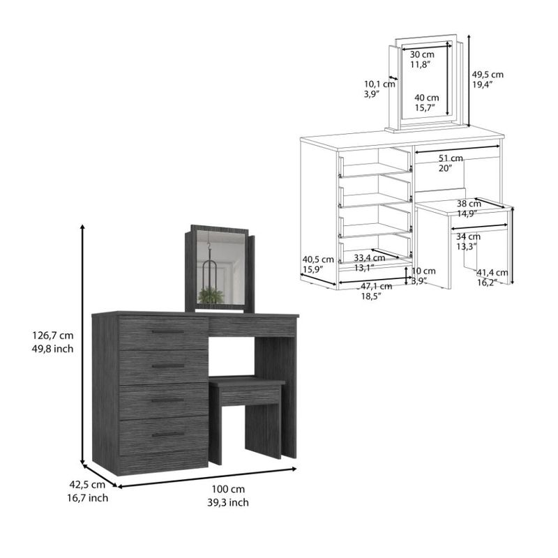 Mueble tocador wesley, miel y blanco, con cuatro cajones para