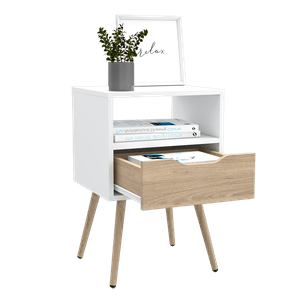 Mesa de Noche Alesio, Blanco Perla y Beige, con Patas de Madera y Un Cajón